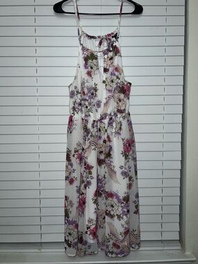 Torrid White Floral Tie-Neck Sundress with Pink and Purple Accents - Size 0